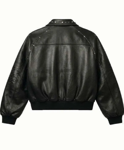 Vintage Cross Motif Black Leather Bomber Jacket for Men and Women Back