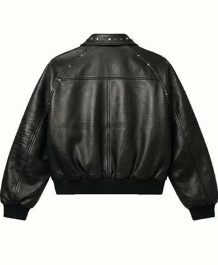 Vintage Cross Motif Black Leather Bomber Jacket for Men and Women Back