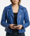 Women Blue Biker Zipper Leather Jacket