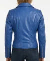 Women Blue Biker Zipper Leather Jacket back