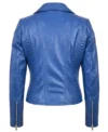 Women Blue Biker Zipper Leather Jacket back view