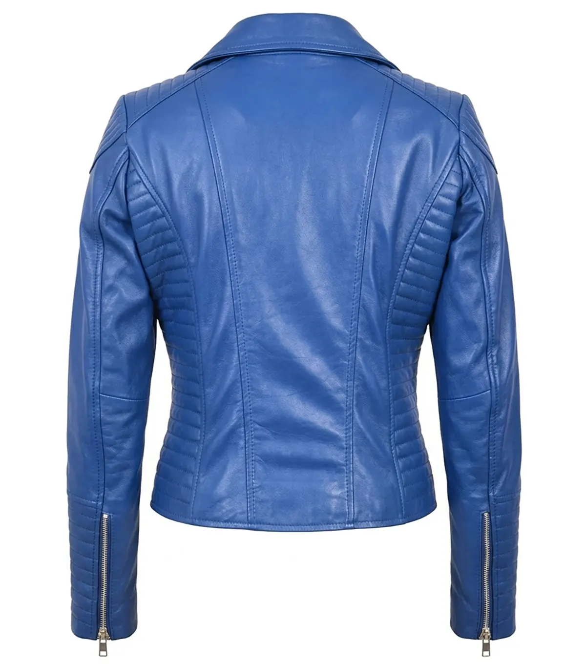 Women Blue Biker Zipper Leather Jacket back view