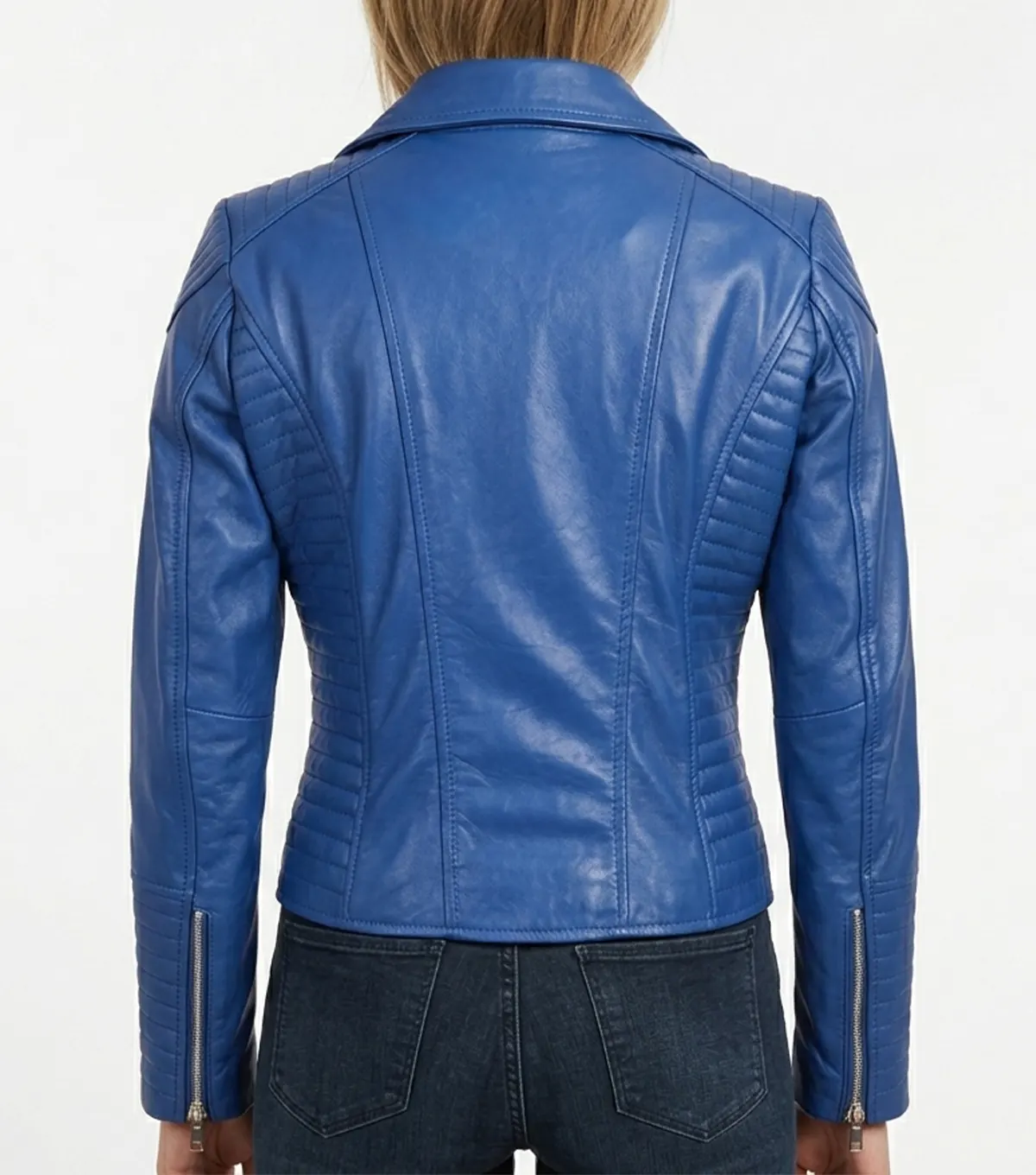 Women Blue Biker Zipper Leather Jacket back