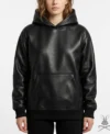 Womens Black Kangaroo Pocket Leather Hoodie