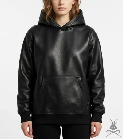 Womens Black Kangaroo Pocket Leather Hoodie