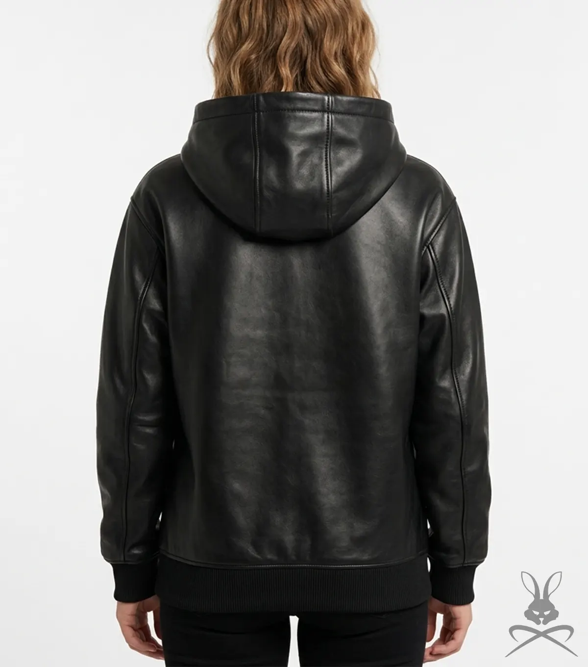 Womens Black Kangaroo Pocket Leather Hoodie back