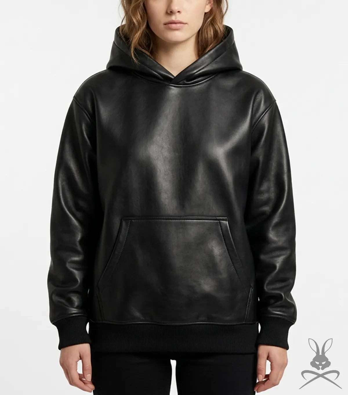 Womens Black Kangaroo Pocket Leather Hoodie