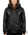 Womens Black Zip Pocket Leather Hoodie