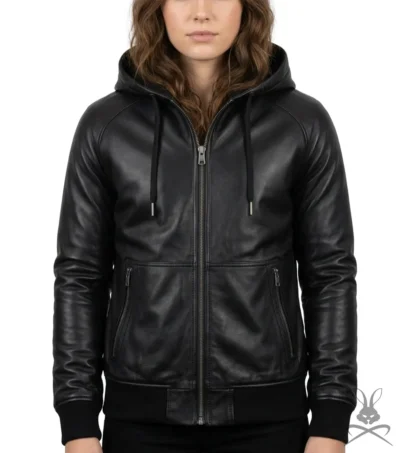 Womens Black Zip Pocket Leather Hoodie