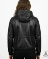 Womens Black Zip Pocket Leather Hoodie back