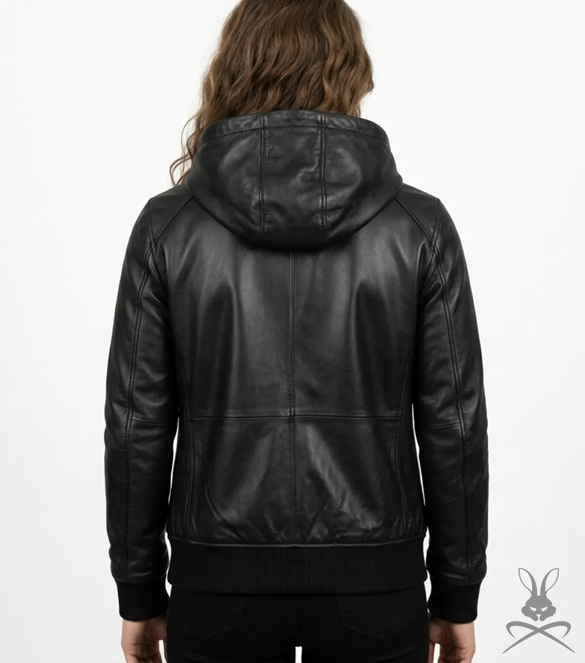 Womens Black Zip Pocket Leather Hoodie back