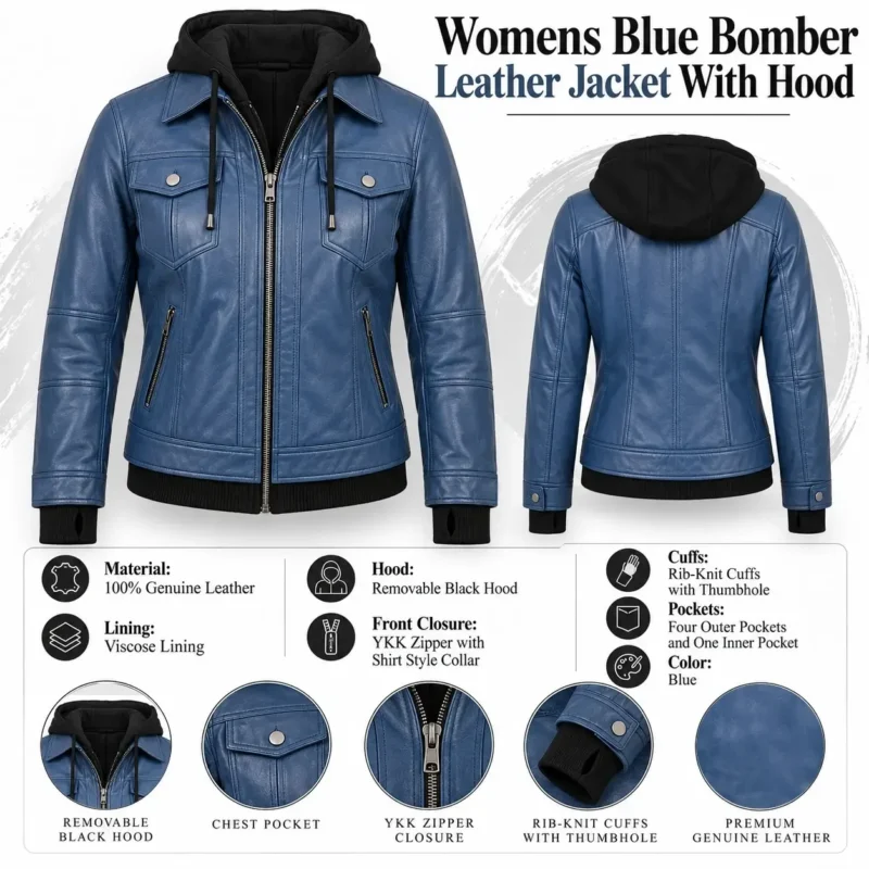 Womens Blue Bomber Leather Jacket With Hood info graph