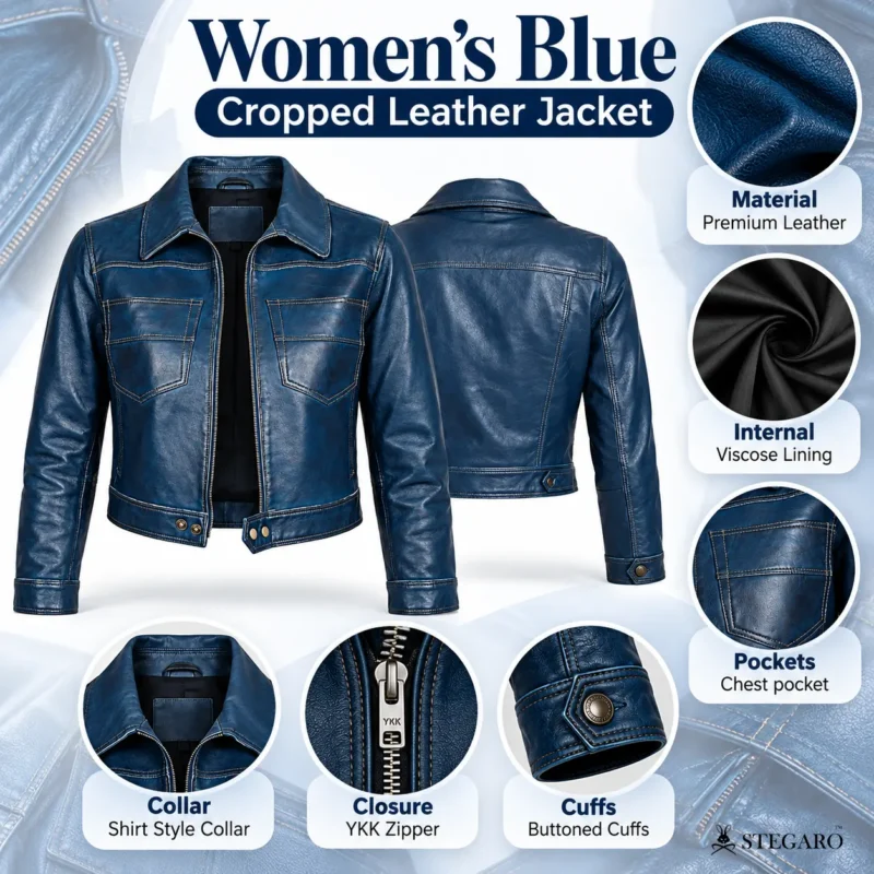 Womens Blue Cropped Leather Jacket info graph