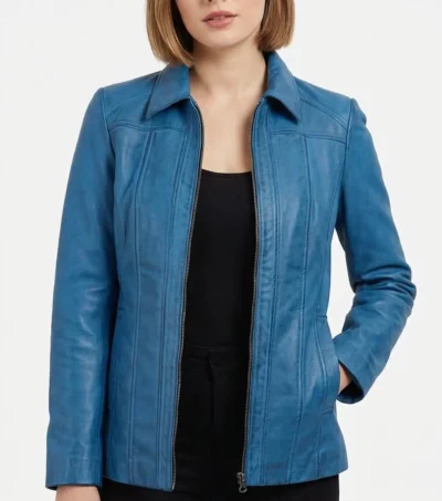 Womens Blue Leather Car Coat with Shirt Collar