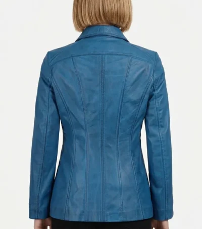 Womens Blue Leather Car Coat with Shirt Collar back