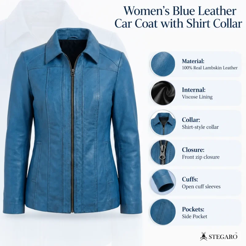 Womens Blue Leather Car Coat with Shirt Collar info graph