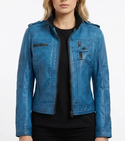 Women's Blue Waxed Lambskin Leather Biker Jacket