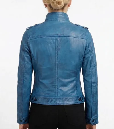 Women's Blue Waxed Lambskin Leather Biker Jacket back