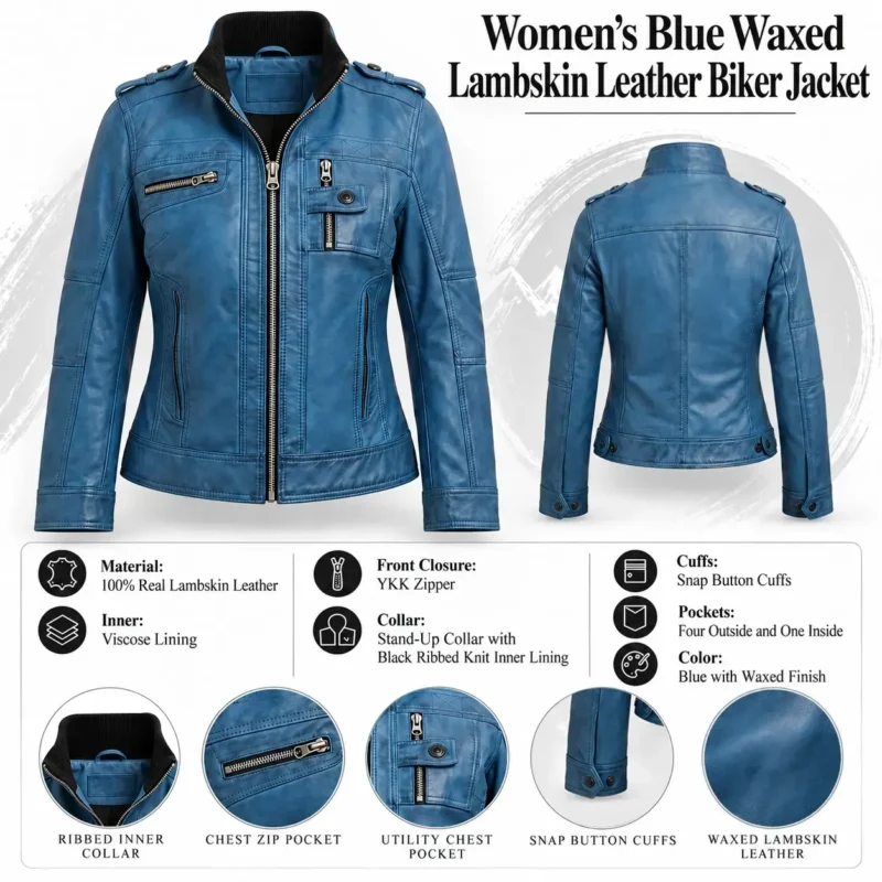 Womens Blue Waxed Lambskin Leather Biker Jacket info graph