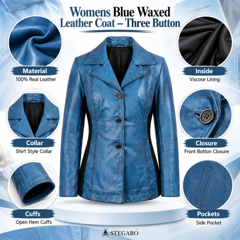 Womens Blue Waxed Leather Coat Three Button Info Graph