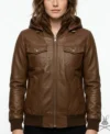 Womens Brown Chest Pocket Leather Hoodie