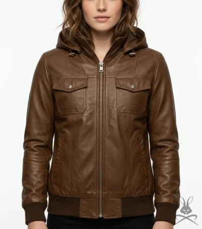 Womens Brown Chest Pocket Leather Hoodie