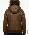 Womens Brown Chest Pocket Leather Hoodie back