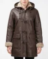 Womens Brown Hooded Shearling Leather Aviator Coat