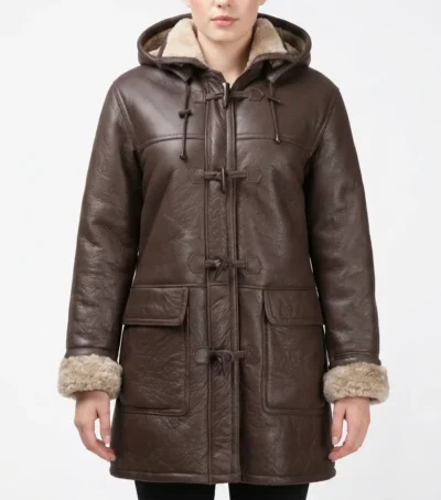 Womens Brown Hooded Shearling Leather Aviator Coat