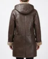 Womens Brown Hooded Shearling Leather Aviator Coat back