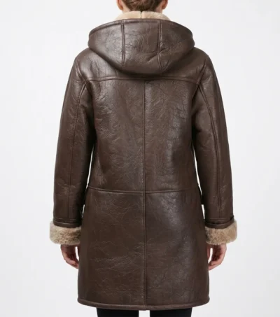 Womens Brown Hooded Shearling Leather Aviator Coat back