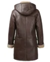 Womens Brown Hooded Shearling Leather Aviator Coat back view