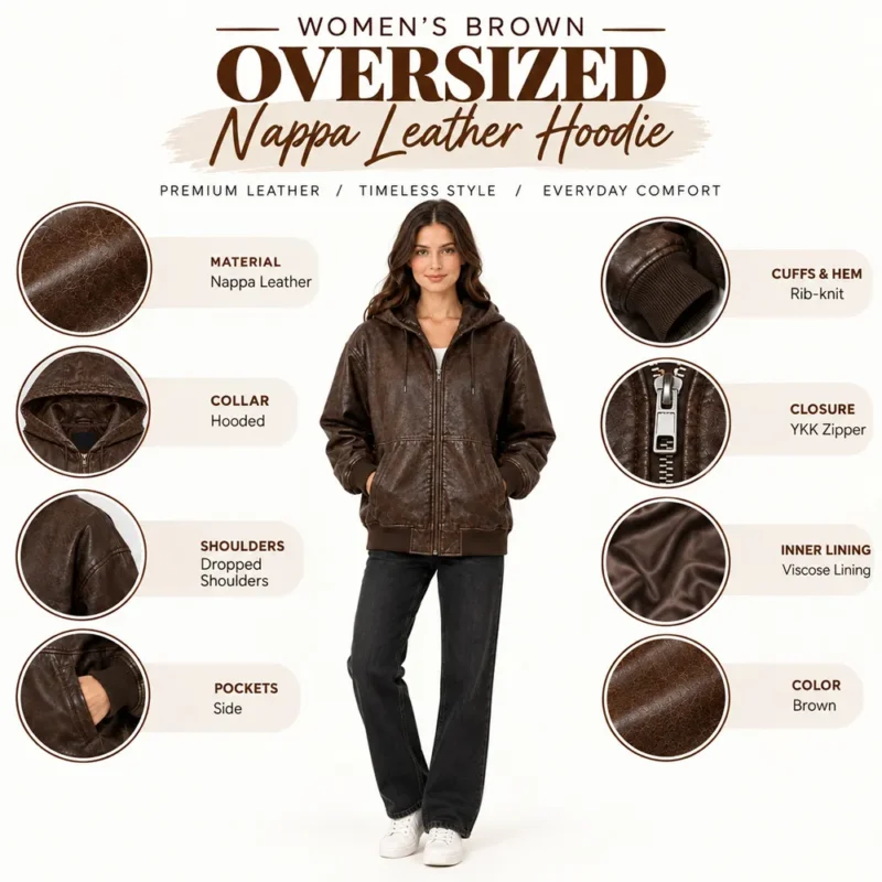 Womens Brown Oversized Nappa Leather Hoodie info graph