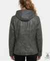 Womens Charcoal Button-Up Leather Hoodie back