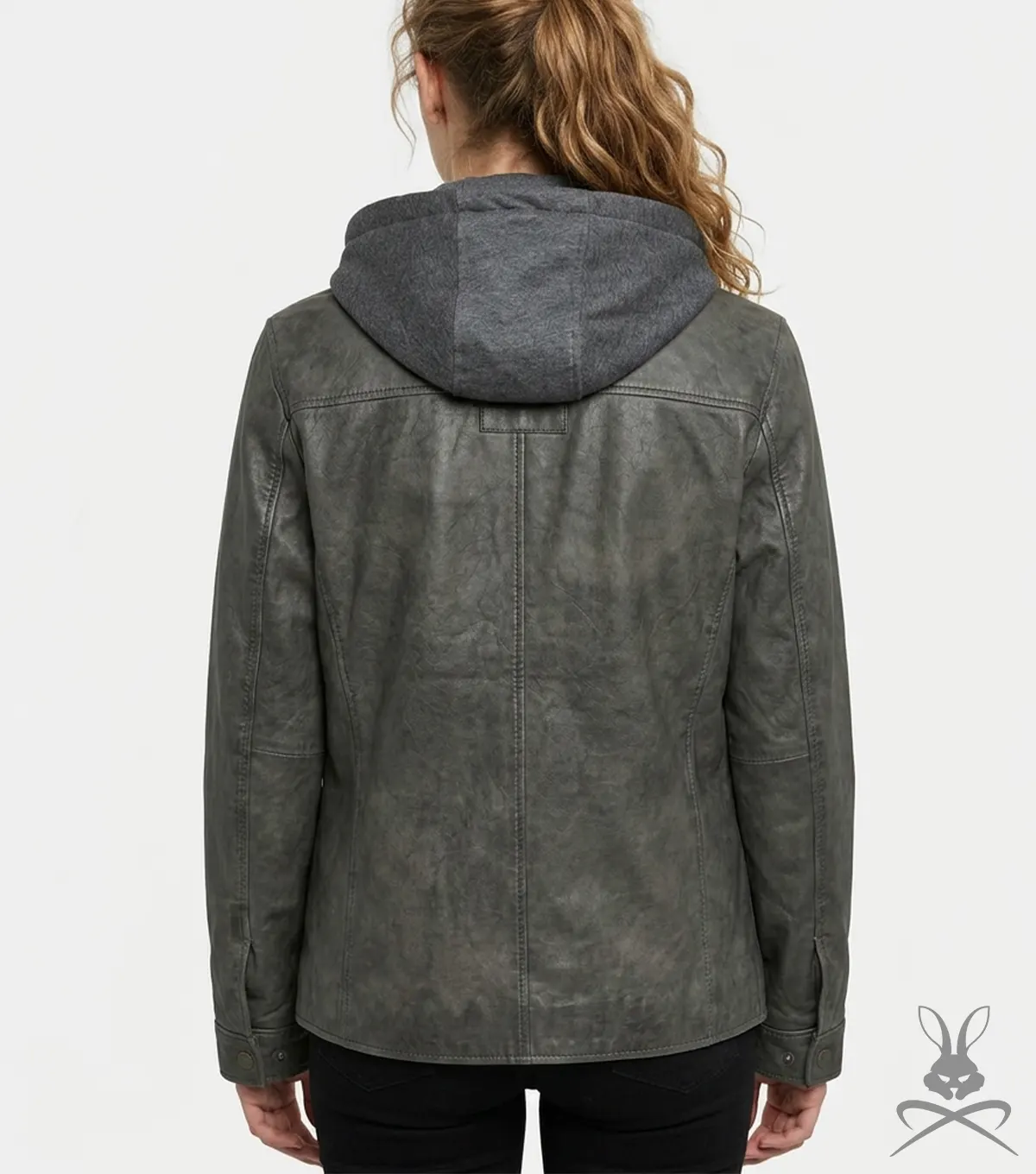 Womens Charcoal Button-Up Leather Hoodie back