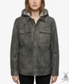 Womens Charcoal Button-Up Leather Hoodie