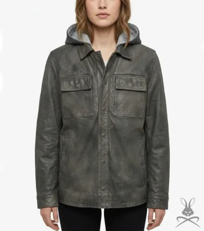 Womens Charcoal Button-Up Leather Hoodie