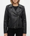 Womens Classic Black Leather Moto Jacket with Lapel Collar