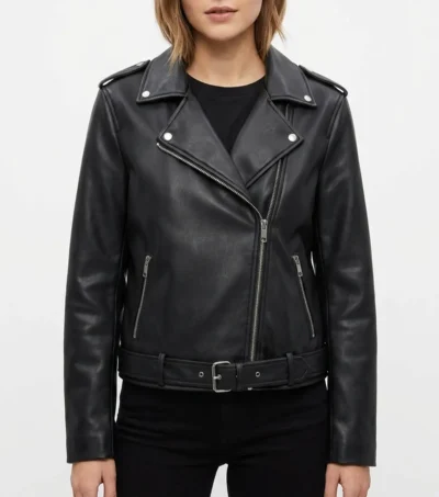 Womens Classic Black Leather Moto Jacket with Lapel Collar
