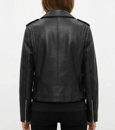 Womens Classic Black Leather Moto Jacket with Lapel Collar back