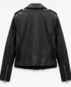 Womens Classic Black Leather Moto Jacket with Lapel Collar back view