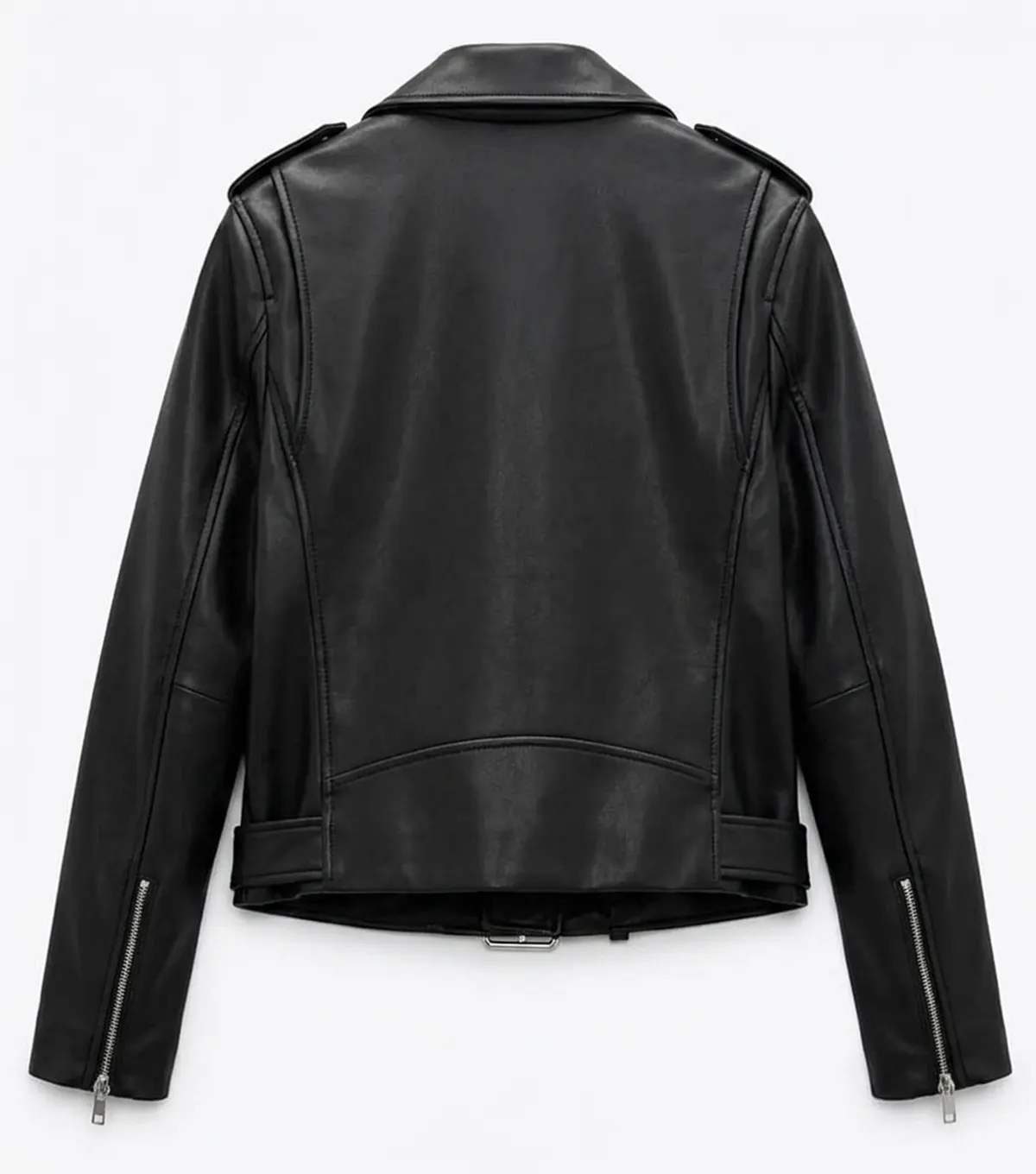 Womens Classic Black Leather Moto Jacket with Lapel Collar back view