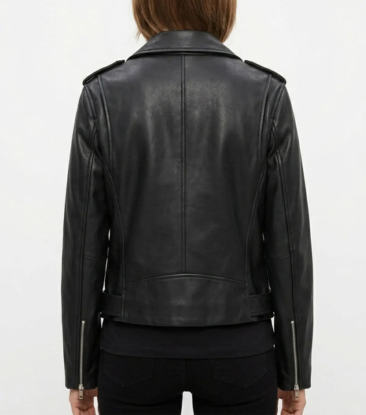 Womens Classic Black Leather Moto Jacket with Lapel Collar back