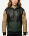 Womens Color-Block Leather Hoodie