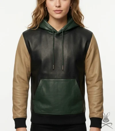 Womens Color-Block Leather Hoodie