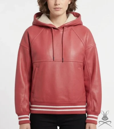 Womens Coral Red Leather Sweatshirt