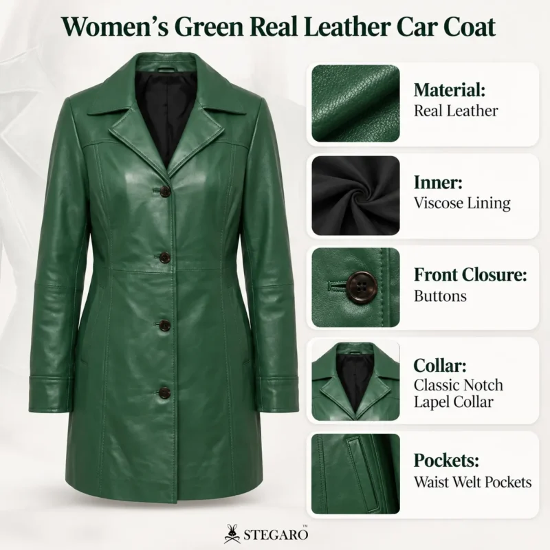 Womens Green Real Leather Car Coat info graph