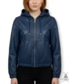 Womens Navy Blue Leather Hoodie