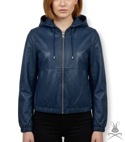 Womens Navy Blue Leather Hoodie