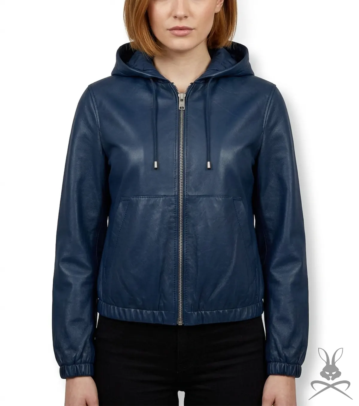 Womens Navy Blue Leather Hoodie